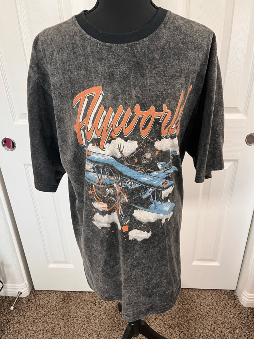 Flyworld Graphic Tee - Black with Blue & Orange Plane Design